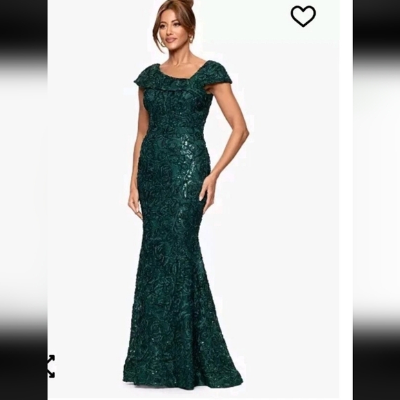 Xscape Dresses & Skirts - $259 XSCAPE Soutache Cap Sleeve Asymmetric Neck Long Dress Sz 8 Green Holiday
